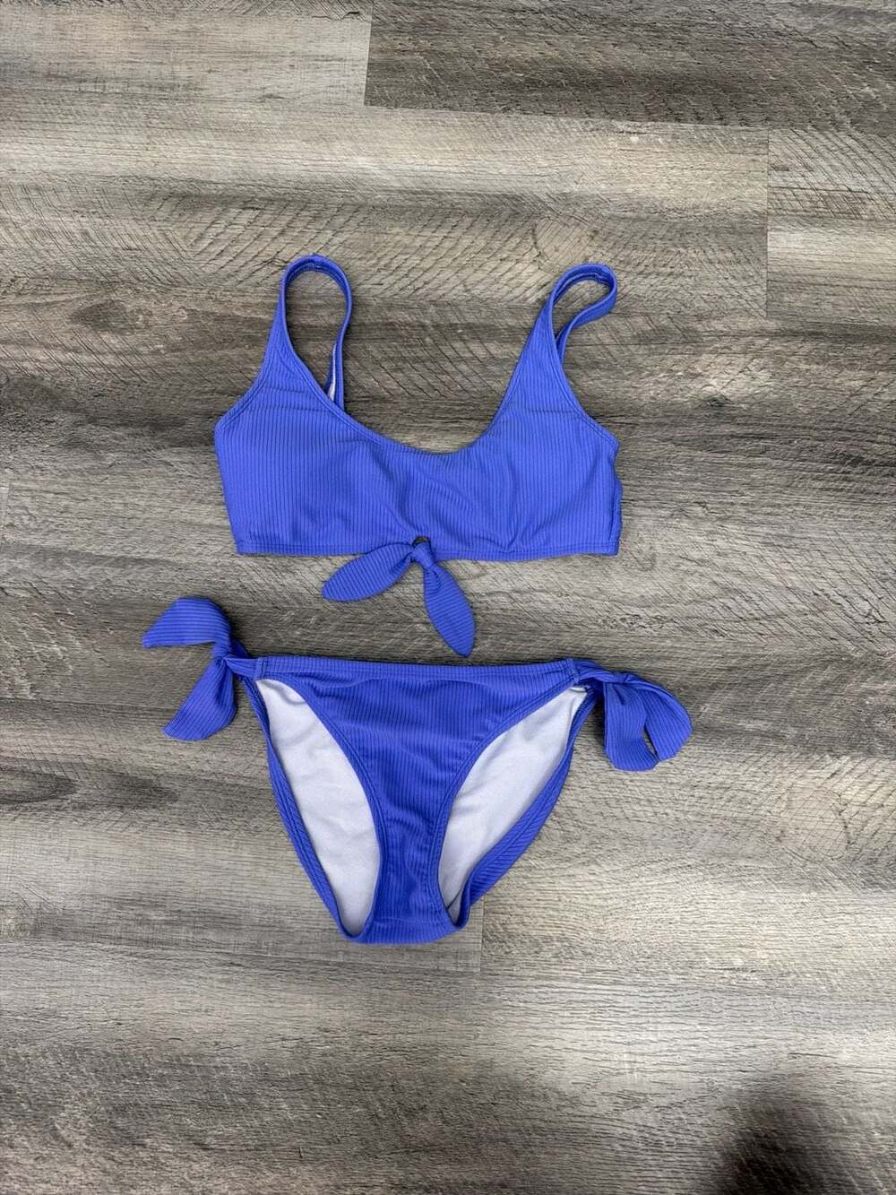 Salt + Cove Blue Ribbed Tie-Front Bikini Set Size M